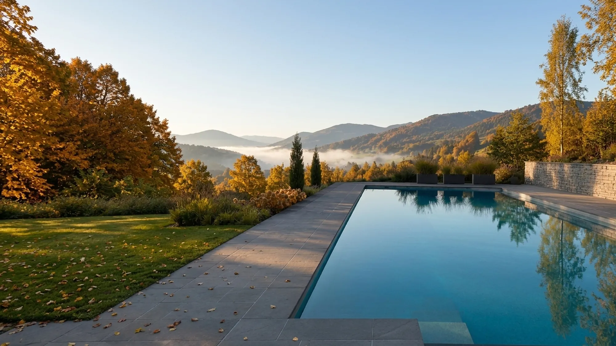 Abgedeckter Pool im Herbst vor der Einwinterung