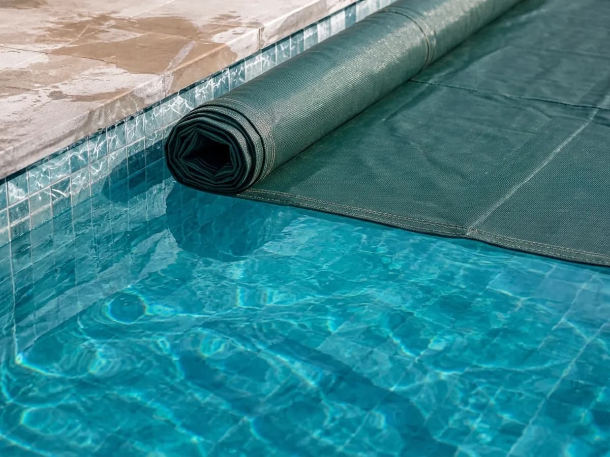 Winterabdeckung wird von einem Pool mit klarem Wasser zurückgerollt