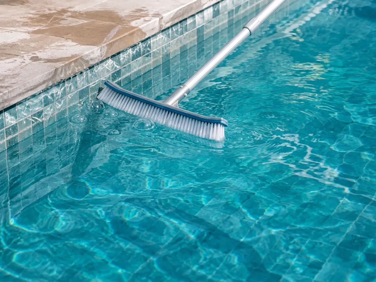 Poolbürste reinigt die Mosaikfliesen an der Wasserlinie