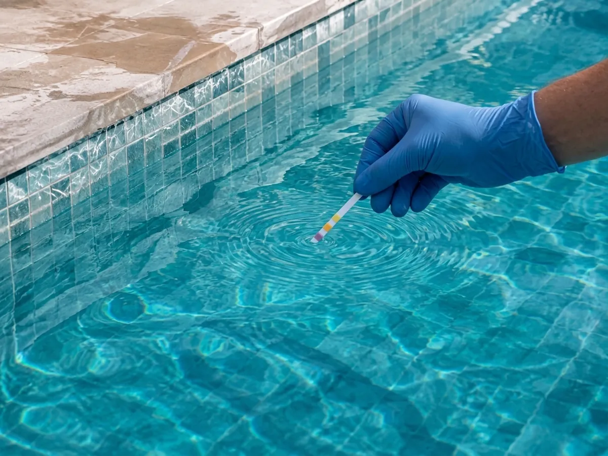 Hand mit Schutzhandschuh taucht einen Teststreifen in Poolwasser