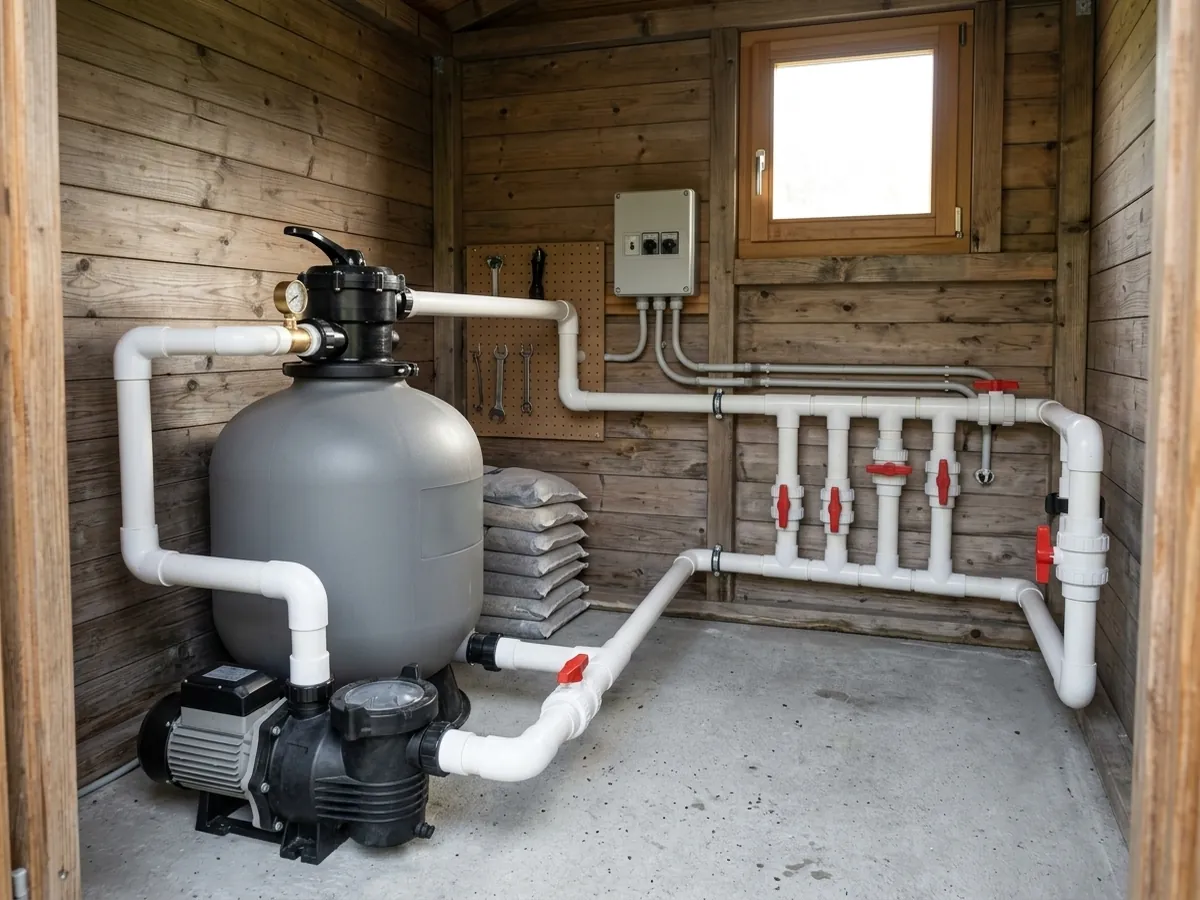 Aufgeräumter Technikraum mit Sandfilter, Pumpe und Leitungen