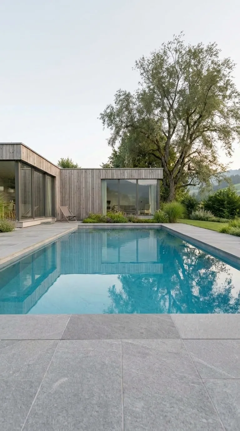 Pool neben moderner Architektur, KI-Symbolbild