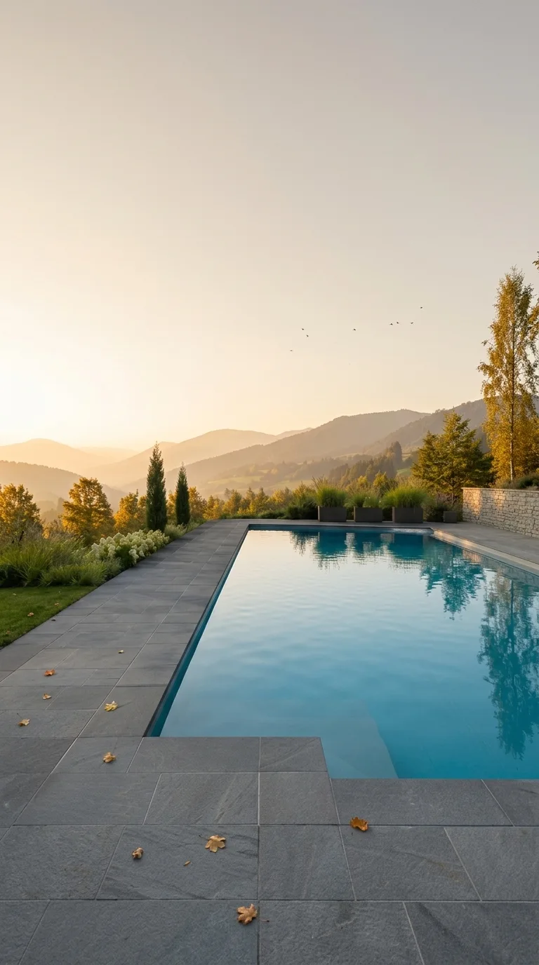 Pool in einer Schweizer Gartenlandschaft im Herbst, KI-Symbolbild